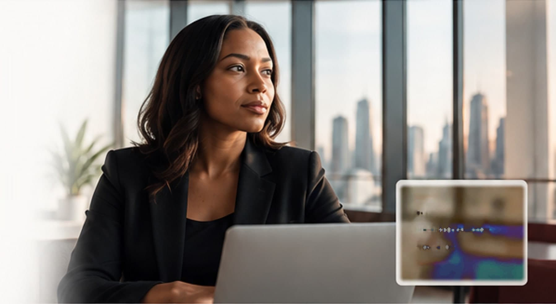 A business leader working at a laptop in a high-rise office overlooking the city