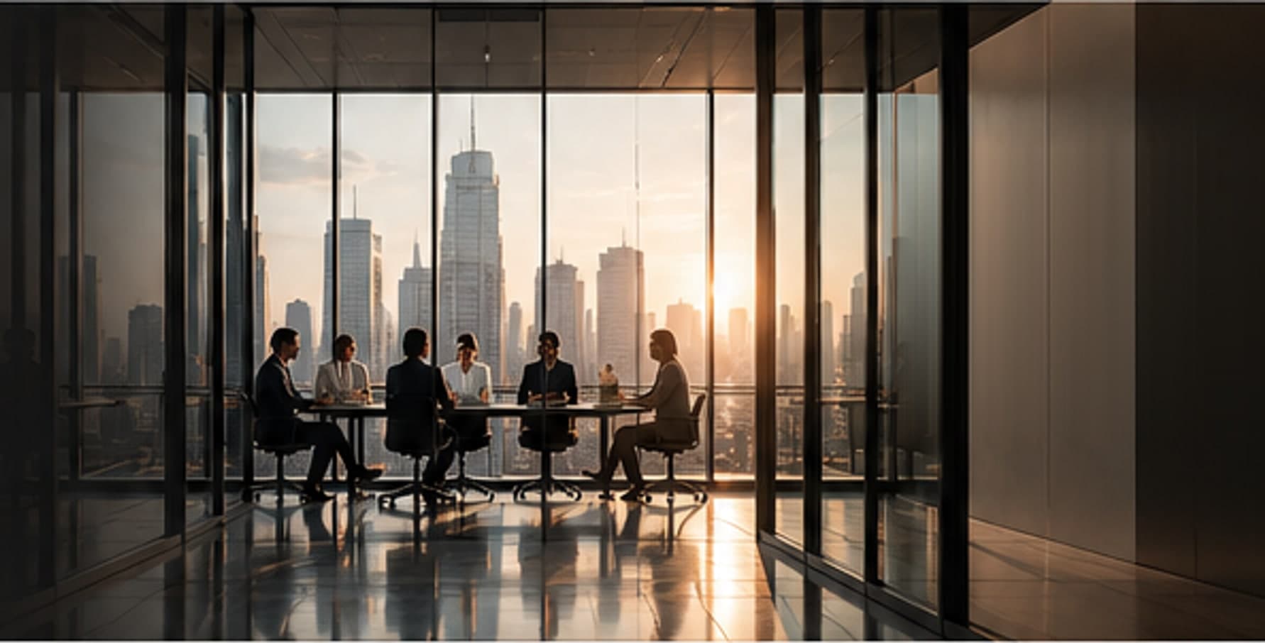A leadership team meeting in a glass boardroom above the city at sunset