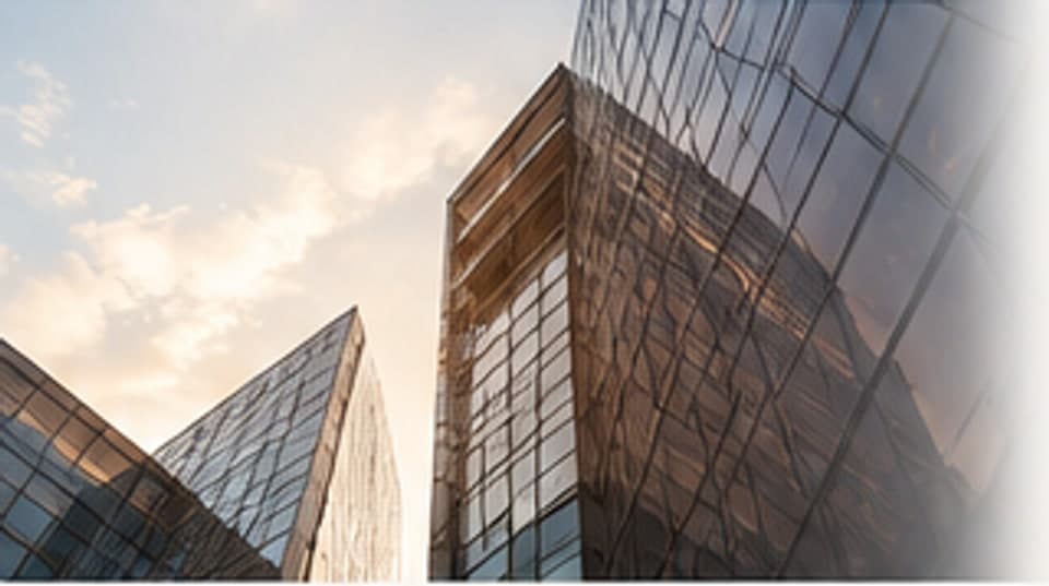 Glass office towers rising against an evening sky